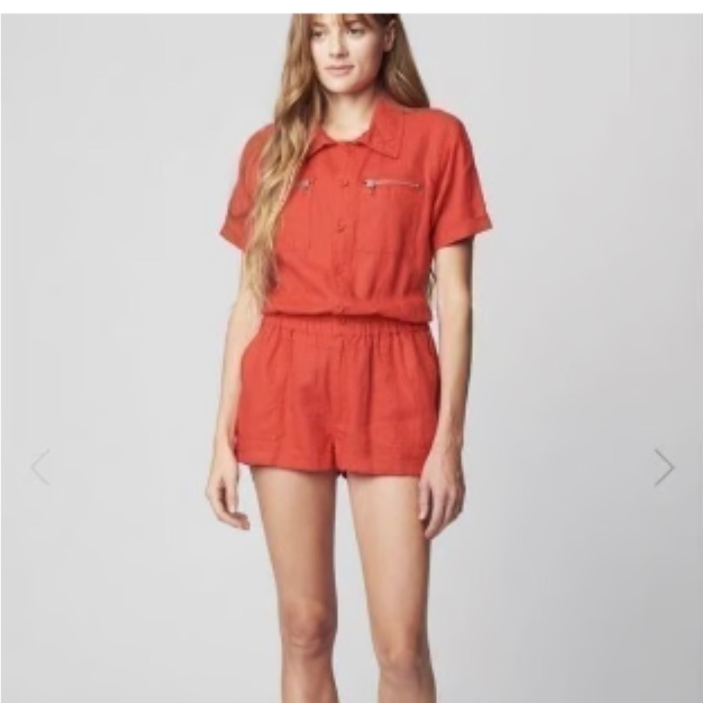 NWOT Blank NYC 100% Linen Short Sleeve Collared Elastic Waist Red Romper Size L